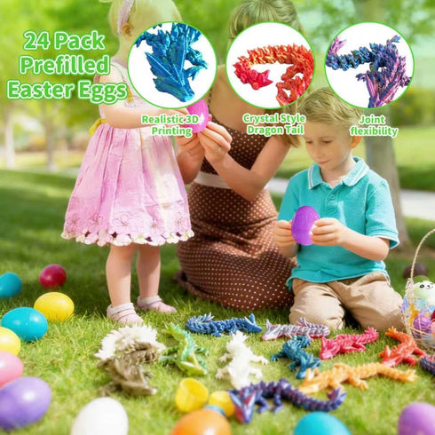 IRRONN 24Pcs 3D 3D Easter Eggs with Printed Dragons Inside,Articulated Printed Dragon for Easter Basket