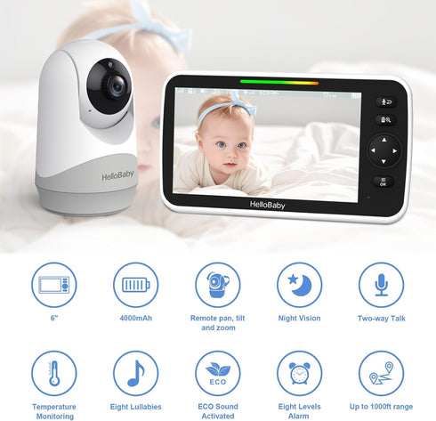 HelloBaby 6IPS 4000mAh 2-Way Large Screen, Video Baby Monitor with Upgraded Battery, Talk, Night Vision, Pan-Tilt-Zoom
