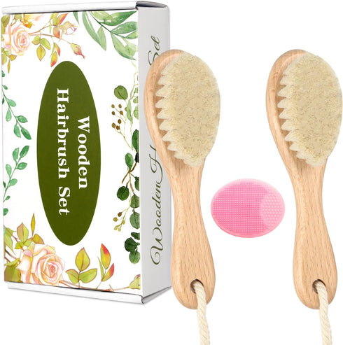 Wooden Baby Hair Brush and Comb Set, 2Pcs Natural Soft Goat Bristles
