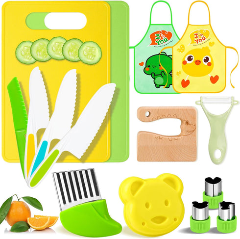 15 PCS Montessori Kitchen Tools, Toddler Knife Set with Wooden Safe Knife, Cutting Board, Crinkle Cutters for Kids
