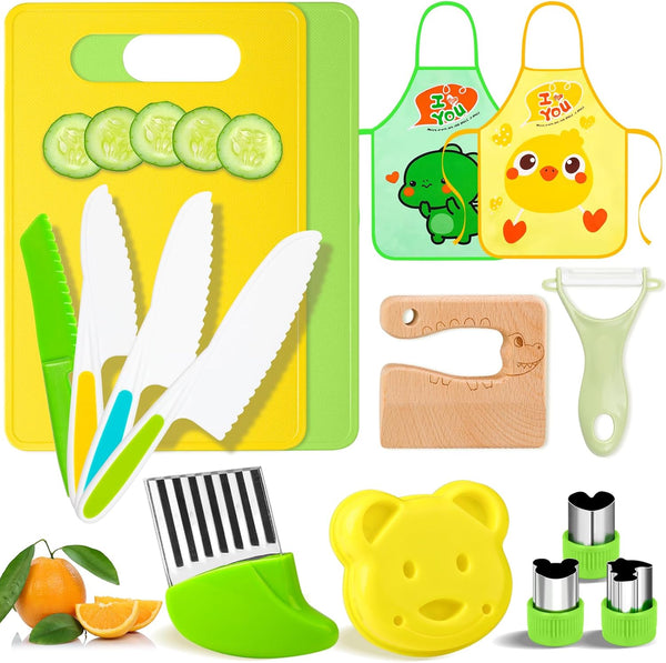 15 PCS Montessori Kitchen Tools, Toddler Knife Set with Wooden Safe Knife, Cutting Board, Crinkle Cutters for Kids