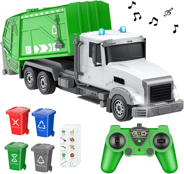 2.4Ghz Remote Control Garbage Truck Toys - 1/24 RC Truck with 4 Trash Cans, 6 Channel Remote Control, Gifts for Boys 3+