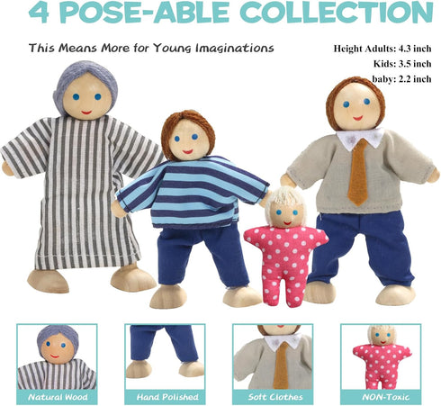 36pcs Wooden Dollhouse Furniture Set with 4 Family Dolls - Blue Dollhouse Accessories for Pretend Play Toys