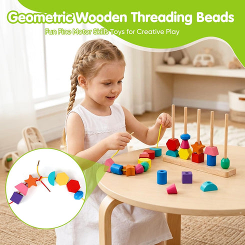 JRUXJWI Set 3 4 5, Montessori Wooden Threading Beads for Toddlers Bead Sequencing & Stacking Toy with Pattern Cards