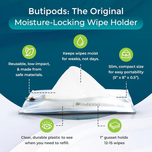 the buti-bag co Set 2 Butipods Reusable Travel Wipes Case - Portable Moisture-Retaining Pouch, Slim Holder