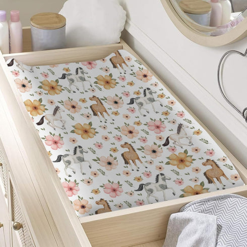 Changing Pad Covers, Watercolor Horse Floral, 32"x16" Soft Breathable Sheets for Boys Girls