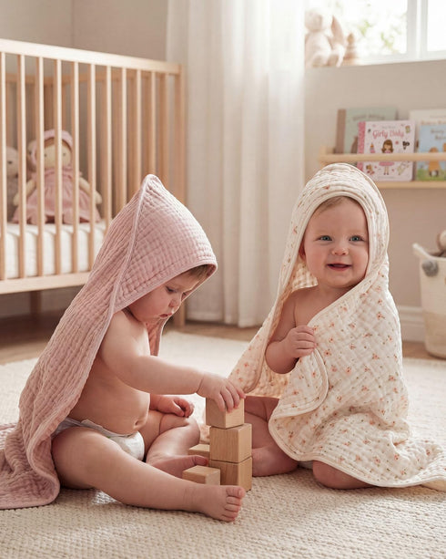 2 Pack, Blissful Diary Muslin Baby Hooded Towel Soft & Absorbent Bath Towel for Baby Girls, Infant Gift, Newborn