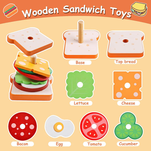 3 4 5 Wooden Sandwich Stacking Toys, Montessori Toys for Toddlers Kitchen Play Food Educational Preschool Learning Toys