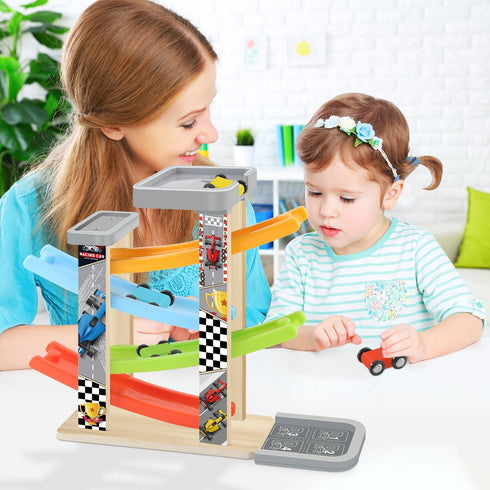 Set, Set 4 3+ Wooden Car Ramp Toy Montessori Ramp Includes Mini Cars and Track Educational Gift for Boys and Girls