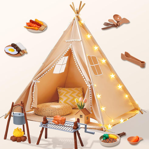 Teepee Tent for Kids with BBQ Pretend Play Toys, Spacious 60 Kids
