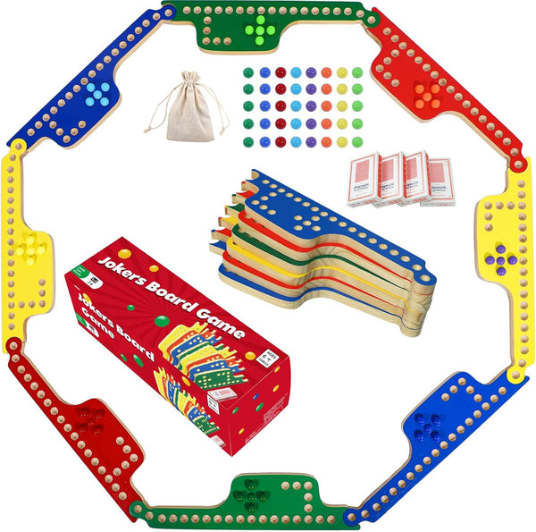 Colorful Jokers and Marbles Board Game - Pegs and Jokers Card Game for 2-8 Players with 8 Solid Wood Boards