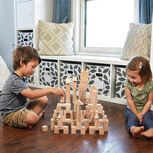 100 Pidoko Kids Wooden Blocks - Pcs - Building Blocks for Toddlers - Includes Storage Container with Shape Sorter Lid