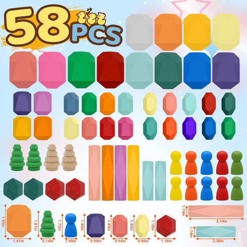 MEGRANATE 58PCS 3+ Montessori Wooden Stacking Rocks Toys Colorful Stacking Stones Building Blocks Games Sensory Toy