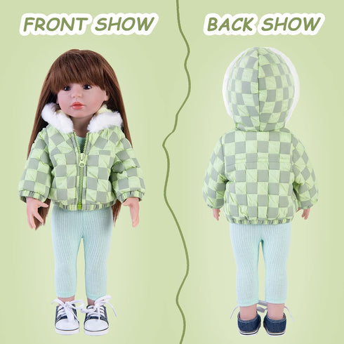 Doll Clothes 3 Pc. Set - Light Green Grey Plaid Hooded Thick Coat, Checkerboard Jacket, Warm Outfit for 18" Dolls