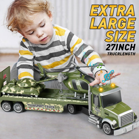 27" 3 4 5 6 Dwi Dowellin Large Friction Powered Military Truck Car Toy with Helicopters and Tank,Army Semi Truck Toys