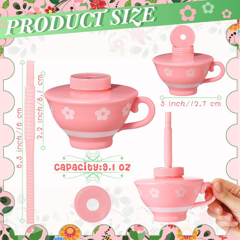 Zhehao 24 9 oz Pieces Plastic Tea Cups with Lids and Straws for Kids Tea Party Reusable Disposable Party Teacups Bulk
