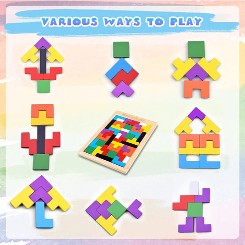 FFTROC Wooden Puzzles for Kids Ages 4-10, Thick Colorful 3D Russian Blocks and Brain Teaser Tangram Jigsaw STEM