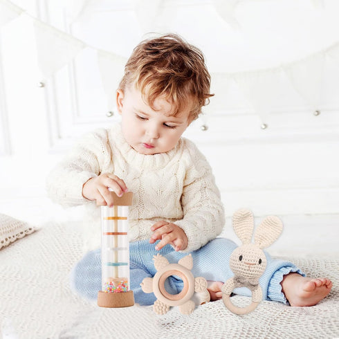 Set (3pcs) Set 3-6-12 Youuys Wooden Baby Rattle - Crochet Rattle Rain Stick Teething Toys, Wooden Montessori Toy