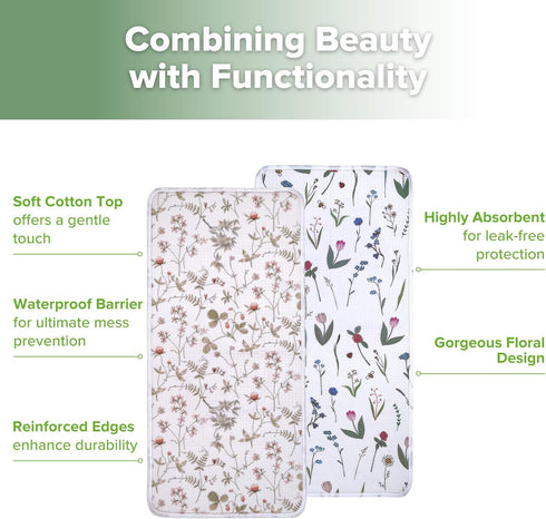 haakaa 100% (2pcs, 13" 27.5" Waterproof Changing Pad Liners, Cotton, Soft & Breathable x Honey Blossom+Vintage Garden)