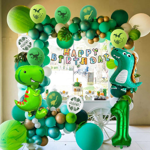 Happy 1st Birthday Decorations - Large Dinosaur Foil Balloons, Number 1 & Dinosaur Printed Balloons, Banner for Boy &