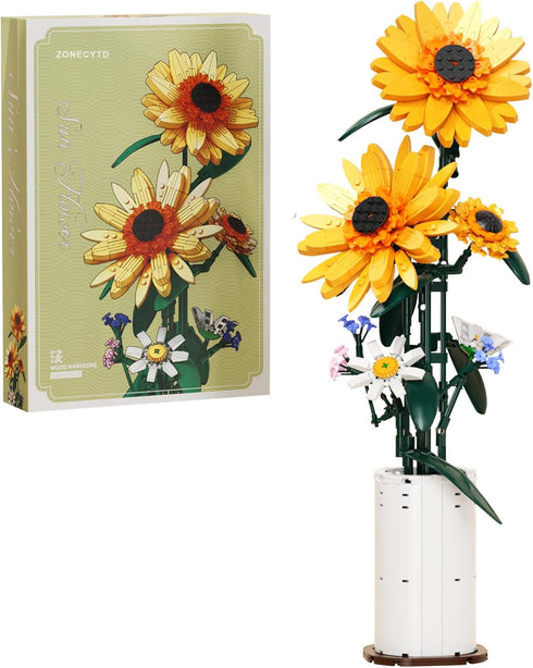 ZONECYTD Sunflower Building Blocks Sets Flower Bouquet with Vase for Adults Teens, Flower