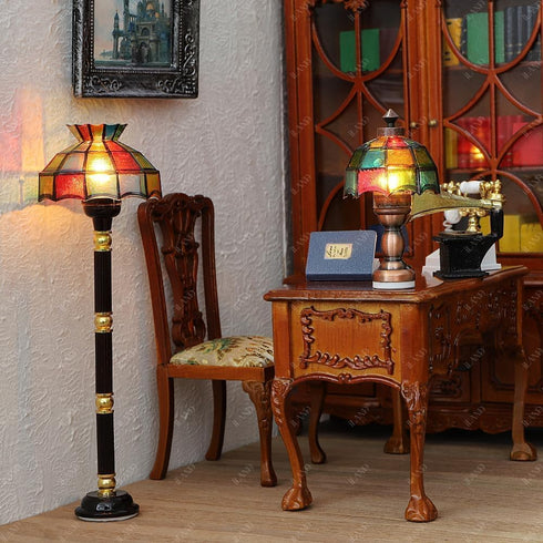 1/12 iLAND Scale Accessories of Dollhouse Lights, Classic Miniature Lamp w/Plug for Dollhouse Decoration, Mosaic