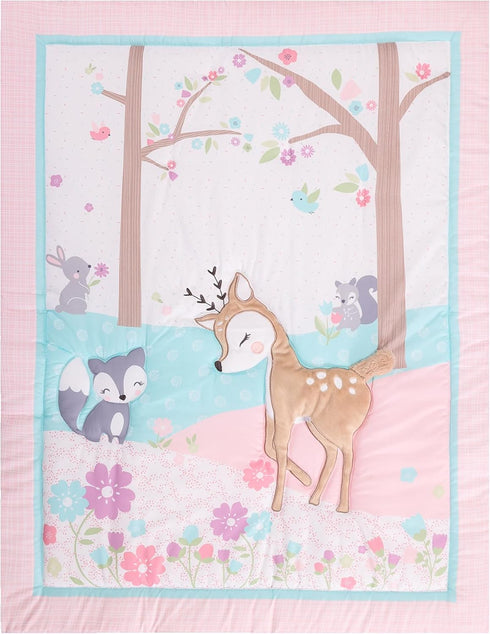CribMATE Set -3 Set-Comforter/Fitted Pink Embroidery Deer Nursery Crib Bedding for Girl Pieces Baby Girl Forest Animal