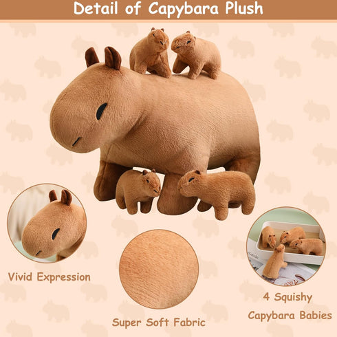 SQEQE Capybara Mommy Plush with 4 Cute Babies, Super Soft Capybara Stuffed Animals for Gift