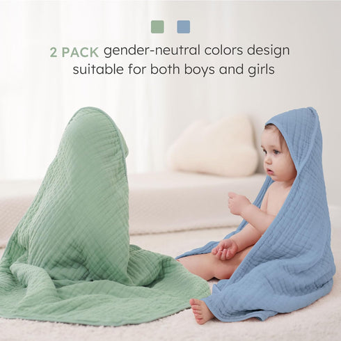 2 Pack 100% 32x32Inch, Looxii Baby Bath Towels Muslin Hooded Baby Towels for Newborn and Infants, Cotton, Large Soft