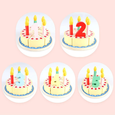 Wooden Cutting Birthday Cake Toys, Fake Cake Toy with Candles and Numbers, Montessori Tea Party Learning Toys