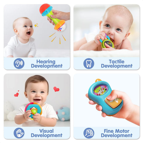 iPlay, iLearn 10pcs Set, 1 2 3 4 5 6 7 9 10 12 Baby Rattles Toys Infant Grab Shake Rattle, Easy Hold Sensory Teether
