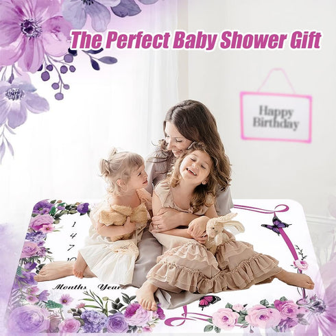 60x40 Inches), Milestone Blanket for Baby Girl (Purple with Photo Aid Frame, Saliva Towel, Erasable Writing Board, Hair