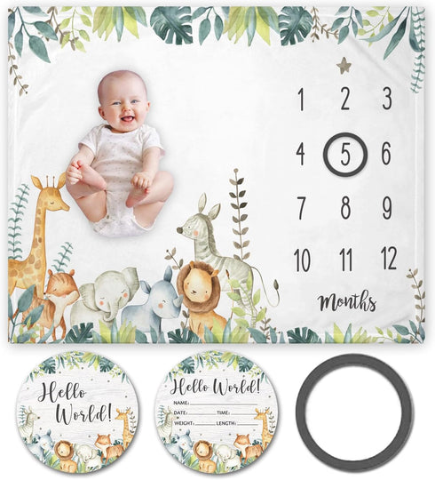 Safari Baby Milestone Blanket with Birth Stat Sign, Jungle Animals Monthly Growth Chart, 50"x40" Baby Nursery