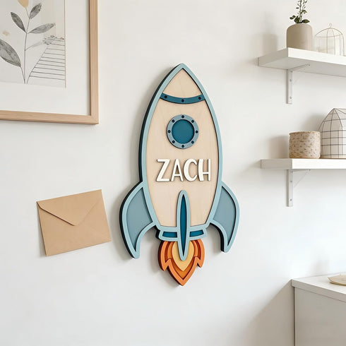 Personalized Rocket Name Sign for Kids Room, Custom Wooden Space Wall Decor with Name, Nursery Wall Art for Boys