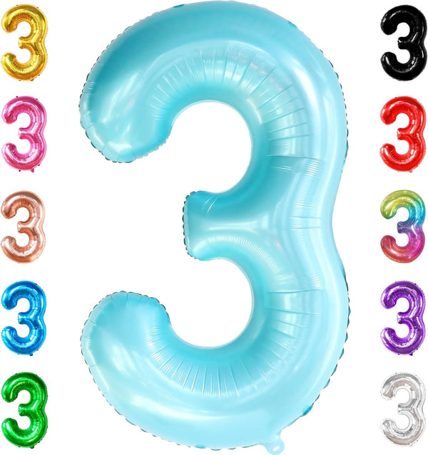 KatchOn Giant Light Blue Number 3 Balloon, 40 Inch, 3rd Birthday Decorations, Baby Shark Theme