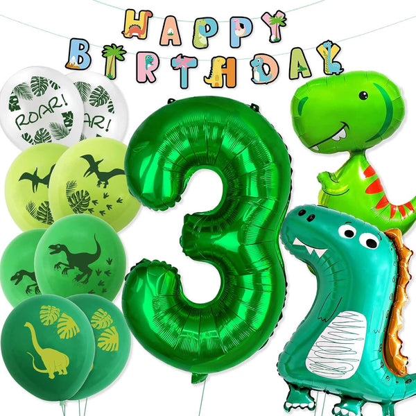 Large Dinosaur Foil Balloons and Happy Birthday Banner - Number 3 Balloon for 3rd Birthday Party Decorations