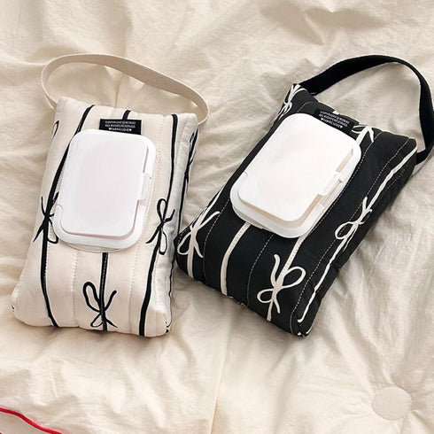 JUNNOTI Travel Friendly Wet Wipe Storage Case Quilted Sturdy Cotton Storage Bag With Fashionable Stripe And Bowknot