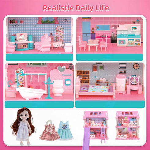 SwankyStyle Playset, 1 Dolls,3 Sets Doll House,with Living Room Bedroom Bathroom Kitchen Furniture Double-Sided