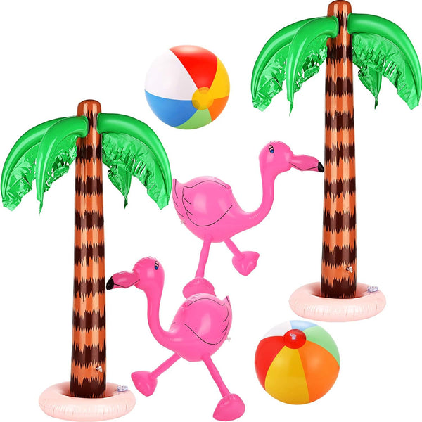 meekoo 6 Pieces Jumbo Inflatable Palm Trees, Coconut Trees, Pink Flamingos, Colorful Beach Balls for Hawaii Luau Party