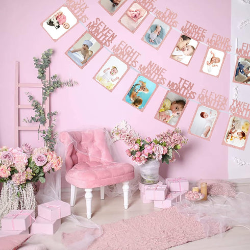 Newmemo 1st Birthday Photo Banner, Baby to 12 Months Rose Gold Milestone Safari Jungle Decor
