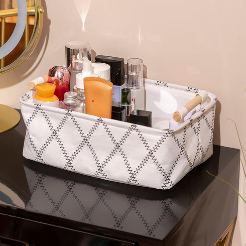 Decorative Rectangular Fabric Storage Bin Organizer Basket with Wooden Handles for Clothes, 12.6x8.7x4.7 inch, White