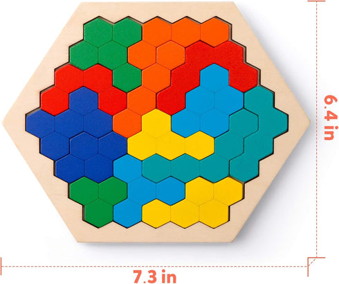 Coogam Wooden Hexagon Puzzle for Kid Adults - Shape Pattern Block Tangram Brain Teaser Toy Geometry Logic IQ Game STEM