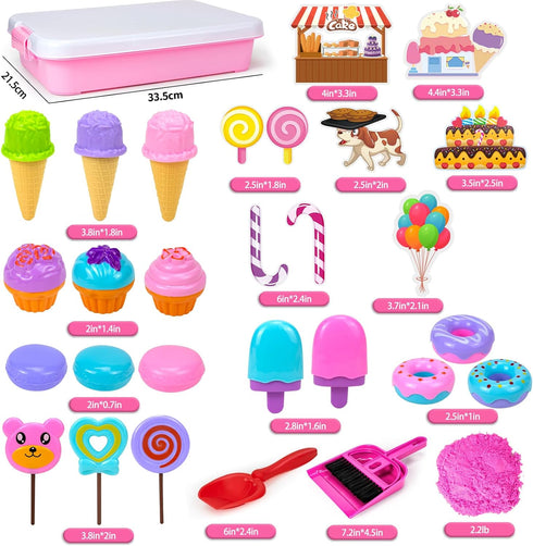 2.2lbs 3-8 Play Sand Kit for Girls, Ice Cream Sensory Bin Sandbox, Creative Bake Shop with Magic Sand, Ice Cream & Cake