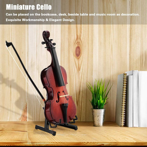 5.5in Dollhouse Miniature Wooden Cello with Bow Stand & Case, Musical Instrument Accessories Gifts