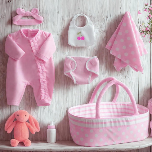 JIZHI 8 Pcs Baby Doll Clothes Set with Bassinet for 17-22 Inch Dolls, Pink Accessories for Newborn Baby Doll Girl