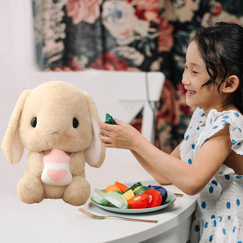 HOUPU 12.5 Inch Soft Toy - Sitting Lop Eared Rabbit with Carrot, Realistic Pink Plush Bunny