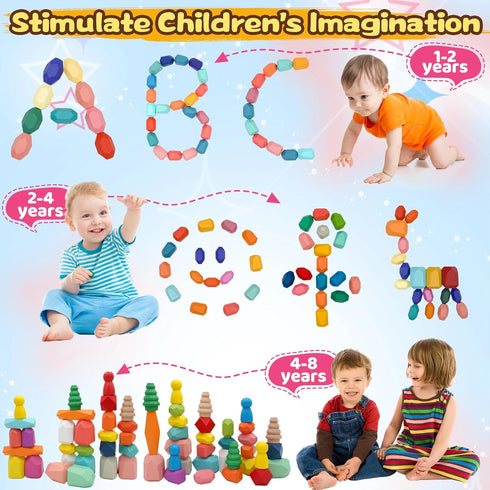 MEGRANATE 58PCS 3+ Montessori Wooden Stacking Rocks Toys Colorful Stacking Stones Building Blocks Games Sensory Toy