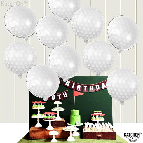 Katchon White Foil Golf Balloons - Pack of 10, 18 Inch Balloons for Hole In One Birthday Decorations