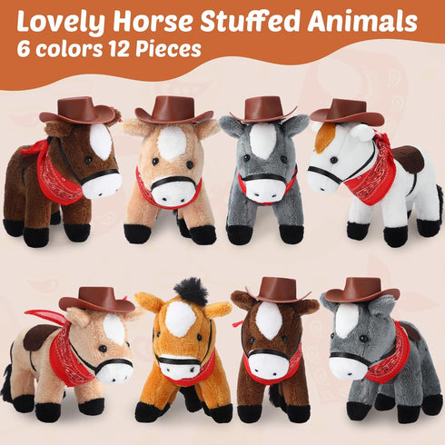 VercanMonth 42 12 12 Pcs Adopt a Horse Party Favor for Kids Mini Plush Stuffed Horses with Tiny Cowboy Hats and Bandana
