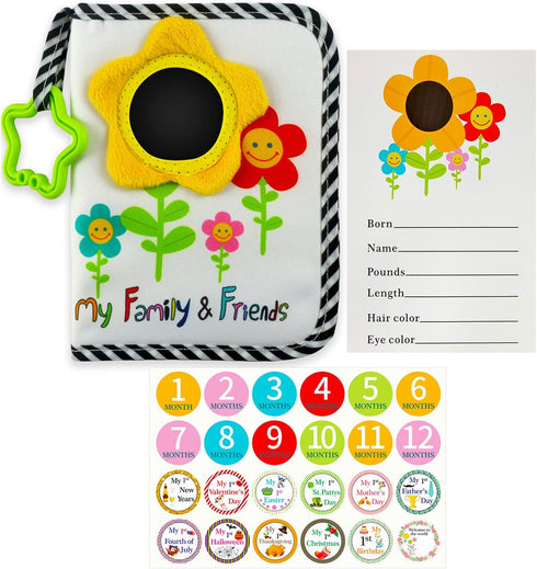ABCKEY My Family And Friends Baby Photo Album, Sunflower Baby-safe Mirror, Holds 18 Photos, Colourful